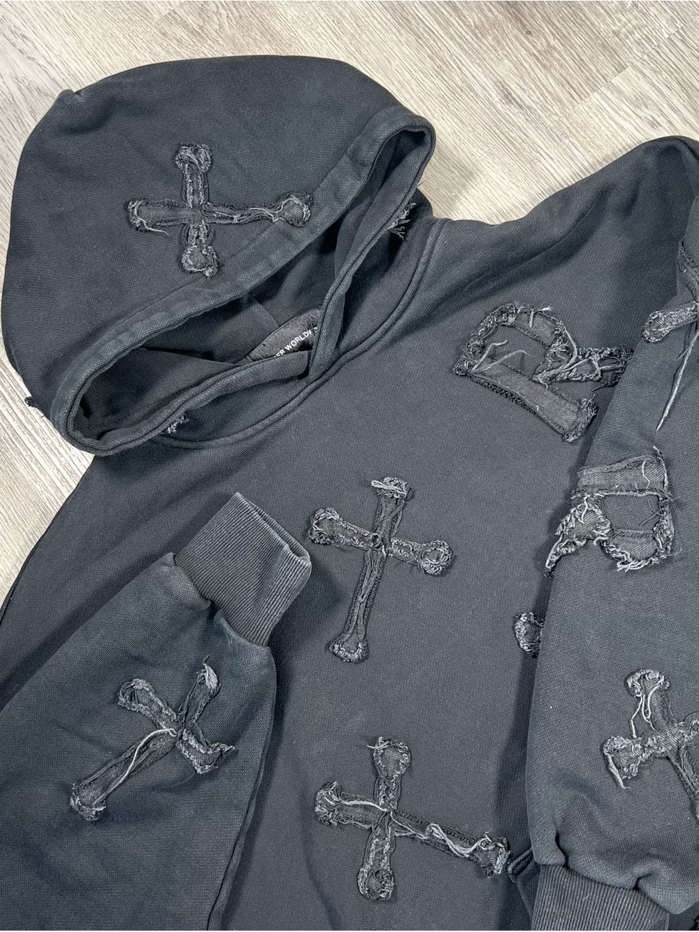 Racer Worldwide Oversized Distressed Patch Hoodie Black Acid Wash Bones‎ M